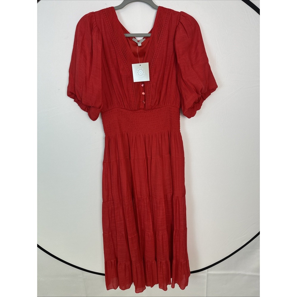 J.Gee Boho Tiered Midi Dress V-neck Women's Sz Medium Red Color Smocked Waist